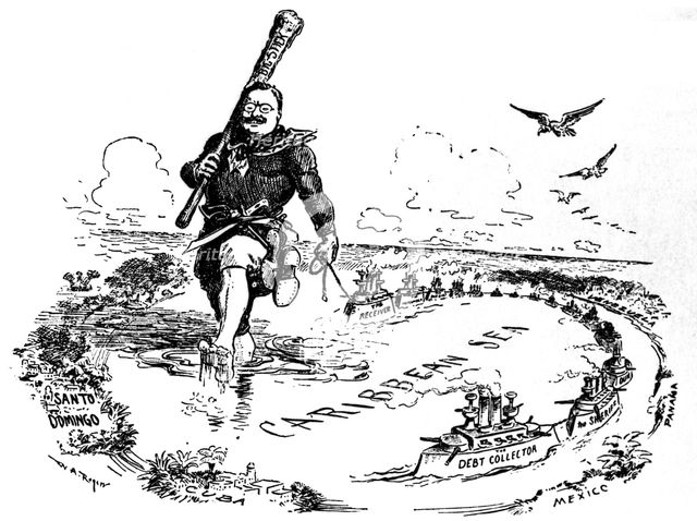 The Big Stick in the Caribbean Sea. Caricature on Theodore Roosevelt, 1904. Artist: Rogers, William Allen (1854-1931)