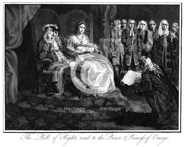 The Bill of Rights read to the Prince and Princess of Orange. Artist: Unknown