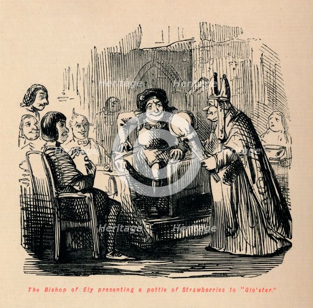 'The Bishop of Ely presenting a pottle of Strawberries to Glo'ster., . Artist: John Leech.