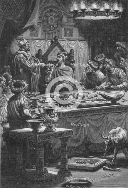 The Bishop of Laon swearing allegiance to Charles, Duke of Lorraine, 10th century (1909). Artist: Unknown.