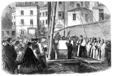 The Bishop of Oxford laying the foundation-stone of an English church at Brussels, 1864. Creator: Unknown
