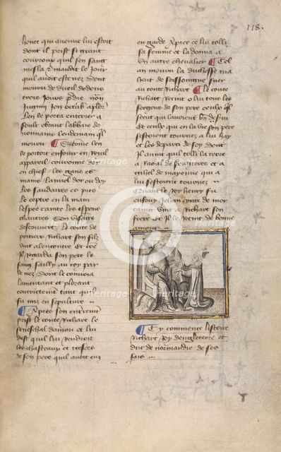 The Bishop of Rouen Presenting the Ducal Sword to Richard I; Chronique de Normandie, about 1400-1415 Creator: Unknown.