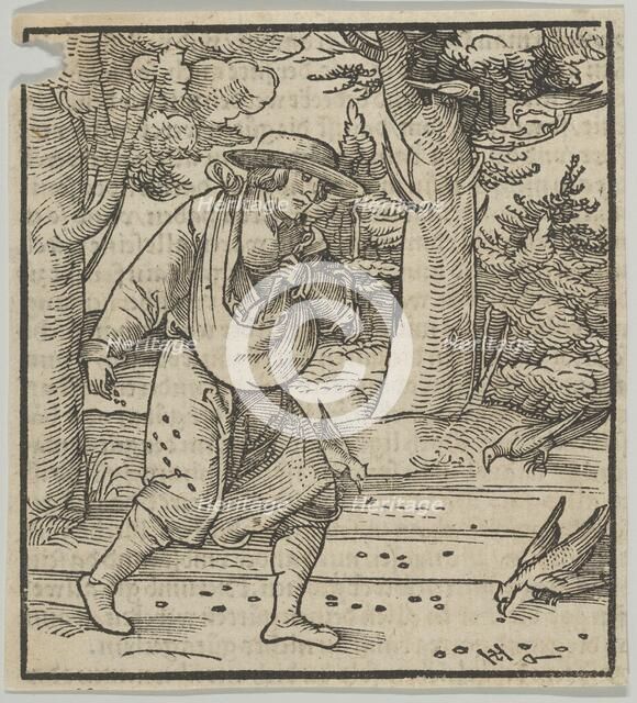 The Birds Eating the Seeds of the Sower, from Hymmelwagen auff dem, wer wol lebt..., 1517. Creator: Hans Schäufelein the Elder.