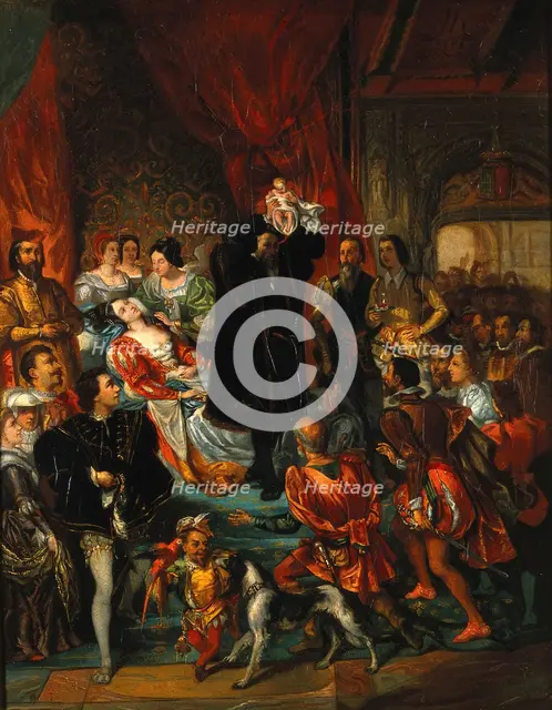 The birth of Henri IV at the castle of Pau, 1800-1899. Creator: Eugene Deveria.