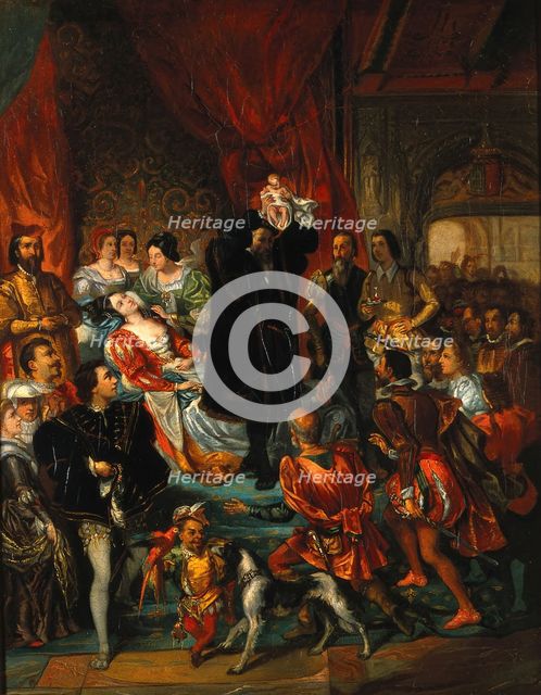 The birth of Henri IV at the castle of Pau, 1800-1899. Creator: Eugene Deveria.