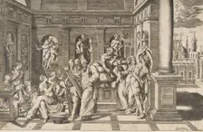 The birth of Saint John the Baptist set within a classical building, ca 1531-76 Creator: Giulio Bonasone