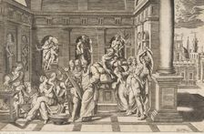 The birth of Saint John the Baptist set within a classical building, ca 1531-76 Creator: Giulio Bonasone