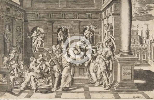The birth of Saint John the Baptist set within a classical building, ca 1531-76 Creator: Giulio Bonasone.