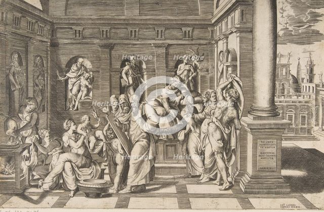 The birth of Saint John the Baptist set within a classical building, ca 1531-76 Creator: Giulio Bonasone.