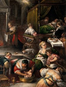 The birth of the Virgin. Creator: Bassano, Francesco da Ponte, 1549-1592 (Follower of)