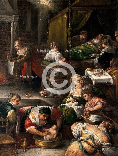 The birth of the Virgin. Creator: Bassano, Francesco da Ponte, 1549-1592 (Follower of).