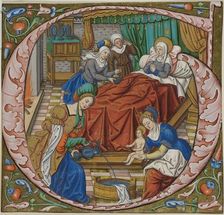 The Birth of the Virgin in a Historiated Initial "G" from an Antiphonal, c. 1500. Creator: Unknown