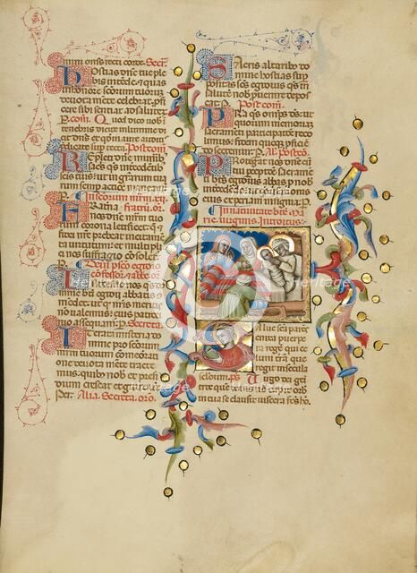 The Birth of the Virgin: Initial S: The Virgin Reading; The Nativity...between about 1389 and 1400. Creator: Master of the Brussels Initials.