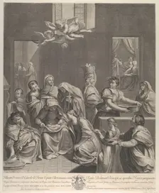 The birth of the Virgin; woman seated with an infant in her lap, numerous women surroundin..., 1677. Creator: Etienne Picart