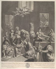 The birth of the Virgin; woman seated with an infant in her lap, numerous women surroundin..., 1677. Creator: Etienne Picart