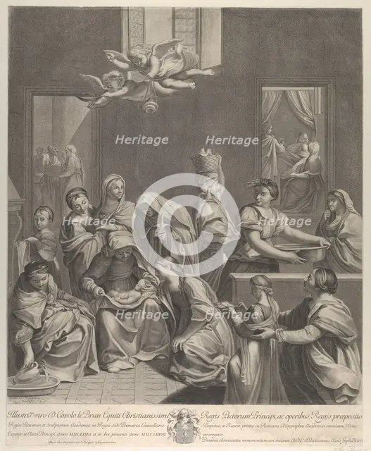 The birth of the Virgin; woman seated with an infant in her lap, numerous women surroundin..., 1677. Creator: Etienne Picart.