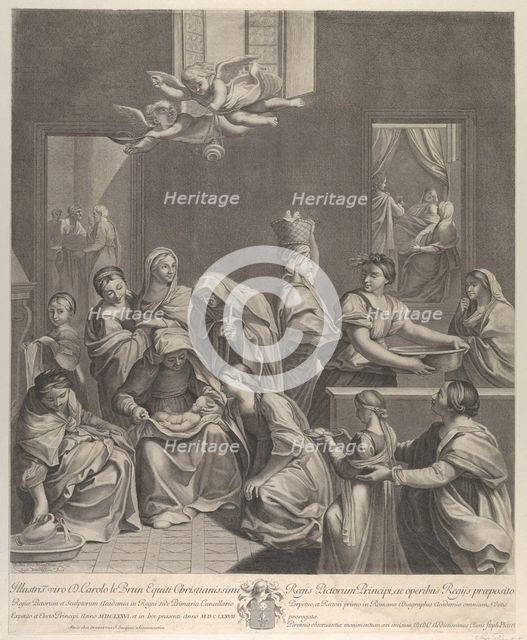 The birth of the Virgin; woman seated with an infant in her lap, numerous women surroundin..., 1677. Creator: Etienne Picart.