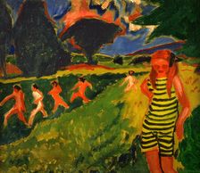 The black-and-yellow striped bathing suit, 1909. Creator: Max Pechstein