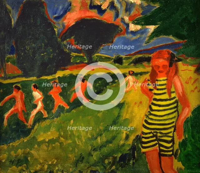 The black-and-yellow striped bathing suit, 1909. Creator: Max Pechstein.