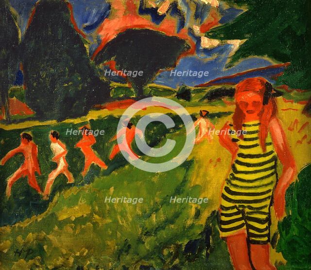 The black-and-yellow striped bathing suit, 1909. Creator: Max Pechstein.