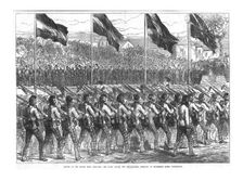 The Black Watch (42nd Highlanders) Marching to Governor's Green, Portsmouth 1874. Creator: Unknown