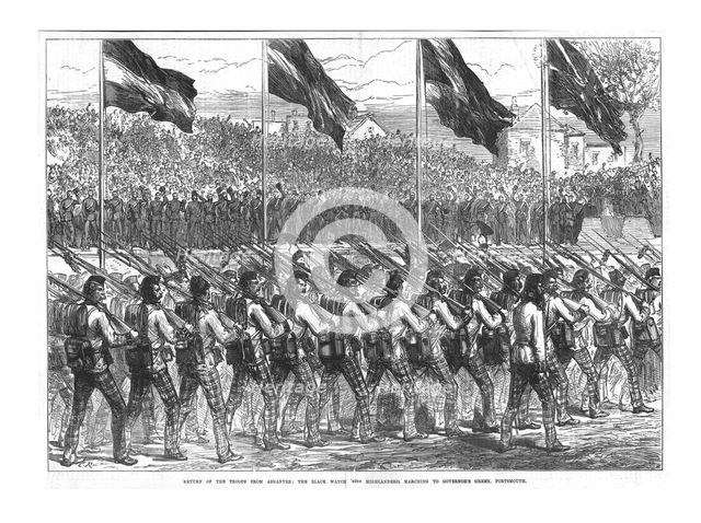 'The Black Watch (42nd Highlanders) Marching to Governor's Green, Portsmouth', 1874. Creator: Unknown.