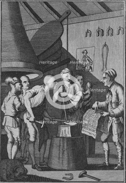 'The Blacksmith lets his Iron grow cold attending to the Taylor's News', 1772. Artist: Unknown.