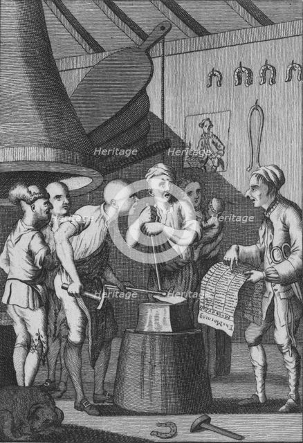 'The Blacksmith lets his Iron grow cold attending to the Taylor's News', 1772. Artist: Unknown.