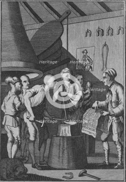 'The Blacksmith lets his Iron grow cold attending to the Taylor's News', 1772. Artist: Unknown.