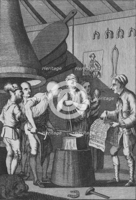 'The Blacksmith lets his Iron grow cold attending to the Taylor's News', 1772. Artist: Unknown.