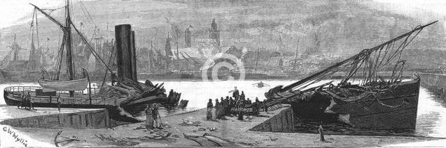 ''The Blowing-up of a Petroleum ship at Calais', 1888. Creator: Charles William Wyllie.