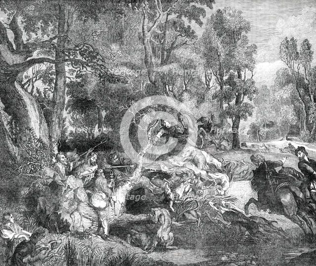 The Boar-Hunt - painted by Rubens - from the Gallery of the late King of Holland, 1850. Creator: Unknown.