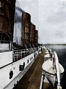 The boat deck of the Lusitania, showing lifeboats 1915
