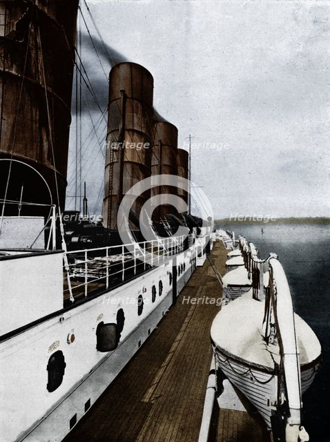 'The boat deck of the Lusitania, showing lifeboats', 1915. Artist: Unknown.