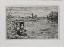 The Boat Trip: The Cabin Boy Fishing (Line Fishing), 1861. Creator: Charles François Daubigny (French, 1817-1878)