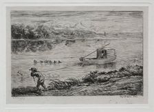 The Boat Trip: Cabin Boy Hauling the Tow-Rope or Hauling by Rope, 1861. Creator: Charles François Daubigny (French, 1817-1878)