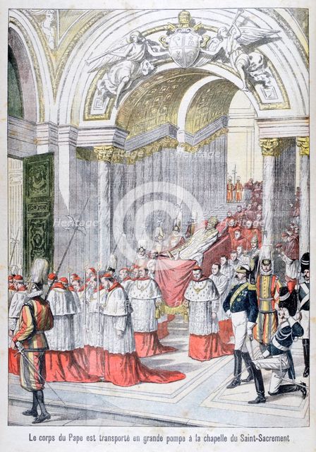 The body of Pope Leo XIII transported to the Chapel of the Saint-Sacrement, Vatican, 1903. Artist: Unknown