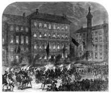The body of the late King of the Belgians taken into Brussels by torchlight, 1865. Creator: Unknown