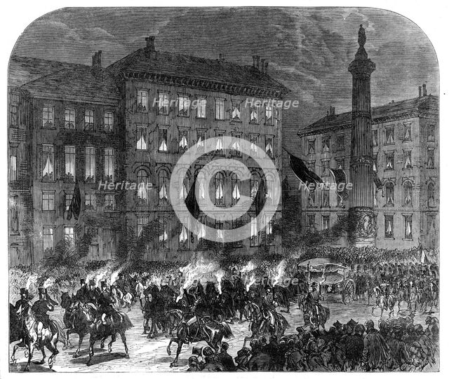 The body of the late King of the Belgians taken into Brussels by torchlight, 1865. Creator: Unknown.