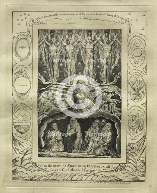 The Book of Job: Pl. 14, When the morning Stars sang together, and all the / Sons of God..., 1825. Creator: William Blake (British, 1757-1827).