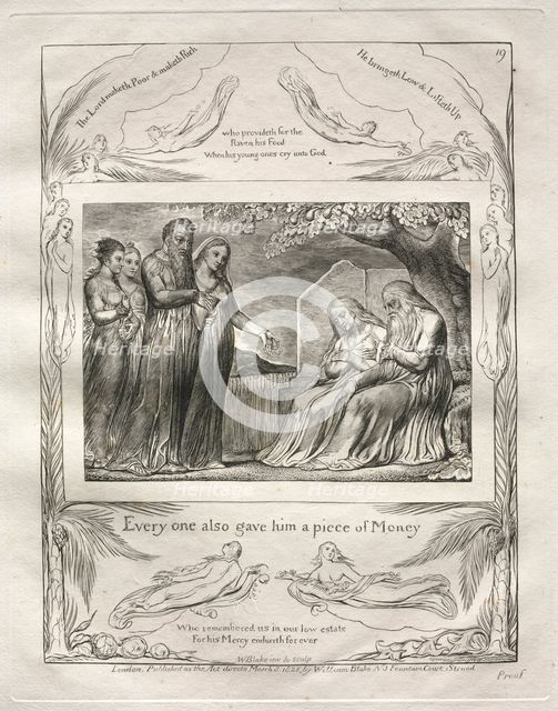 The Book of Job: Pl. 19, Every one also gave him a piece of Money, 1825. Creator: William Blake (British, 1757-1827).