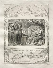 The Book of Job: Pl. 19, Every one also gave him a piece of Money, 1825. Creator: William Blake (British, 1757-1827)