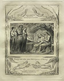 The Book of Job: Pl. 19, Every one also gave him a piece of Money, 1825. Creator: William Blake (British, 1757-1827)