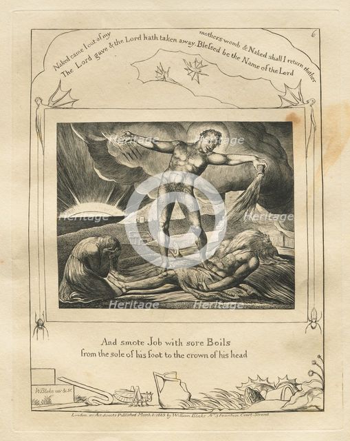 The Book of Job: Pl. 6, And smote Job with sore Boils / from the sole of his foot to the crown..., 1 Creator: William Blake (British, 1757-1827).