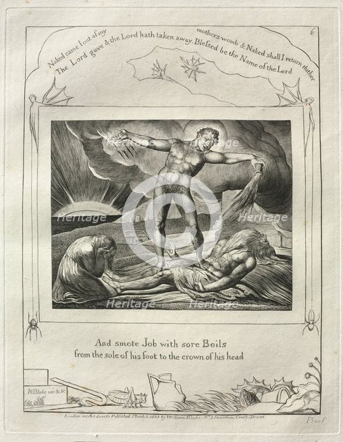 The Book of Job: Pl. 6, And smote Job with sore Boils / from the sole of his foot..., 1825. Creator: William Blake (British, 1757-1827).