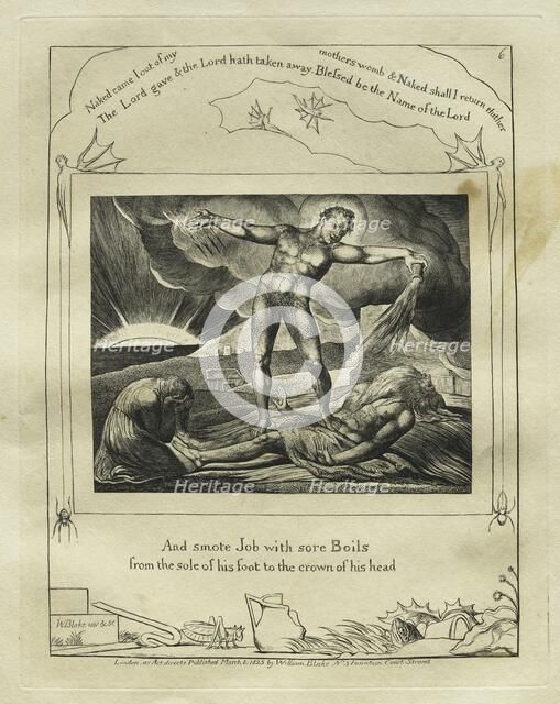 The Book of Job: Pl. 6, And smote Job with sore Boils / from the sole of his foot to the crown..., 1 Creator: William Blake (British, 1757-1827).