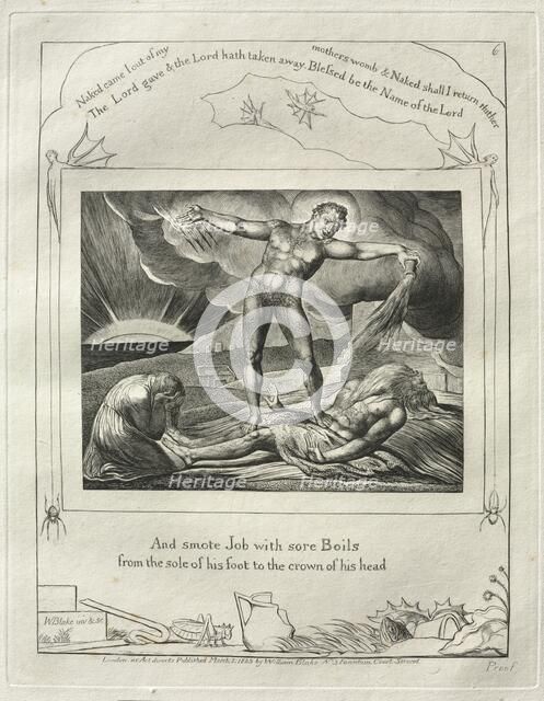 The Book of Job: Pl. 6, And smote Job with sore Boils / from the sole of his foot..., 1825. Creator: William Blake (British, 1757-1827).