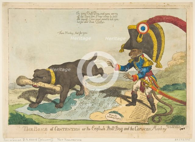 The Bone of Contention or the English Bull Dog and the Corsican Monkey, June 14, 1803. Creator: Charles Williams.