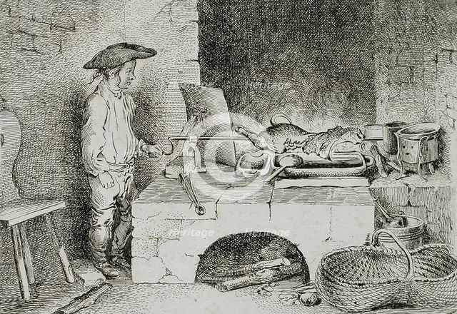 The Boy with the Sausage Spit, 1764. Creator: Daniel Nikolaus Chodowiecki.