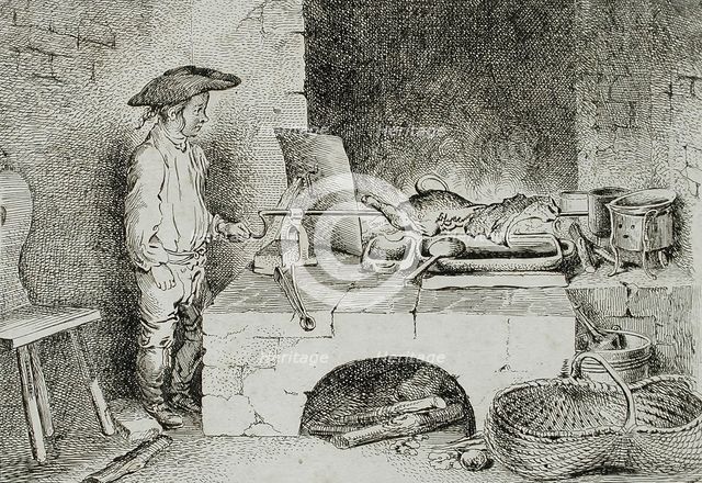 The Boy with the Sausage Spit, 1764. Creator: Daniel Nikolaus Chodowiecki.